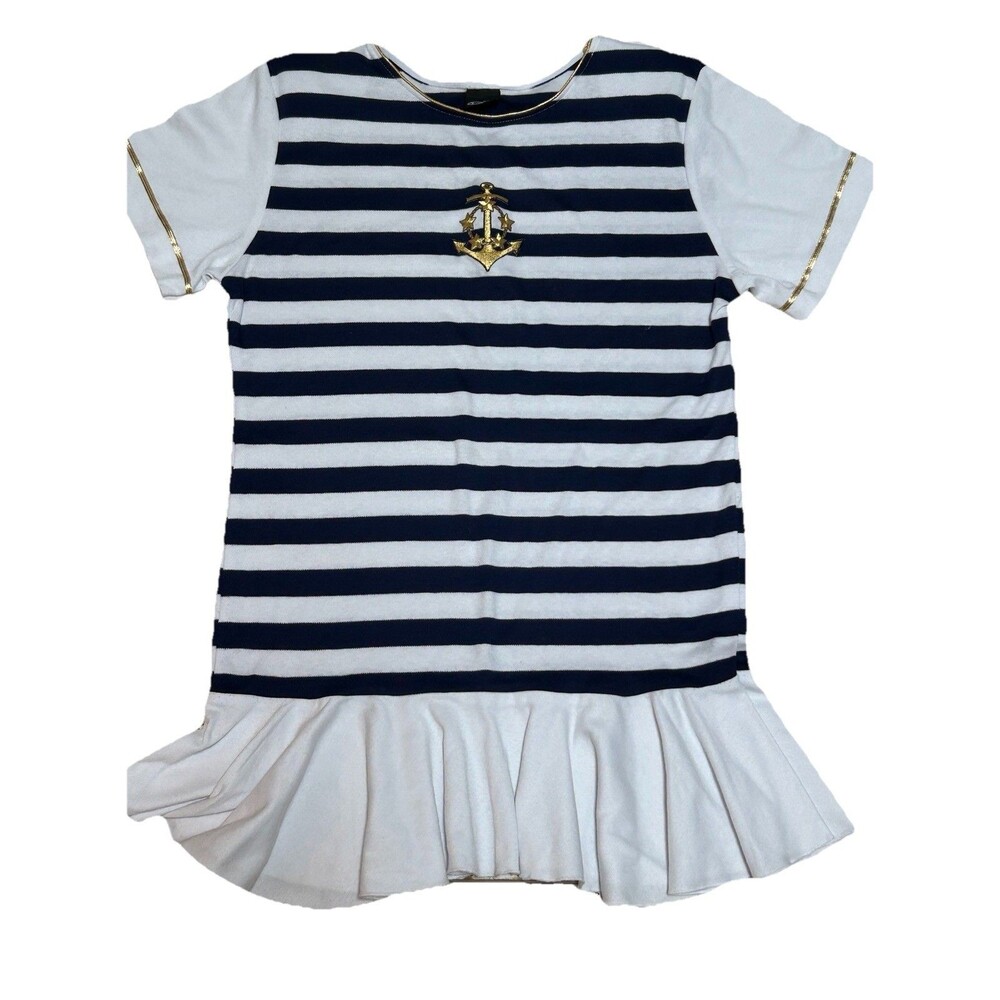 Dotti Nautical Stripe Swim Cover‎ Up Dress Gold Trim Ruffle Hem Size M Navy